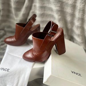 VINCE Talya Leather Slingback Clog Mules in Saddle